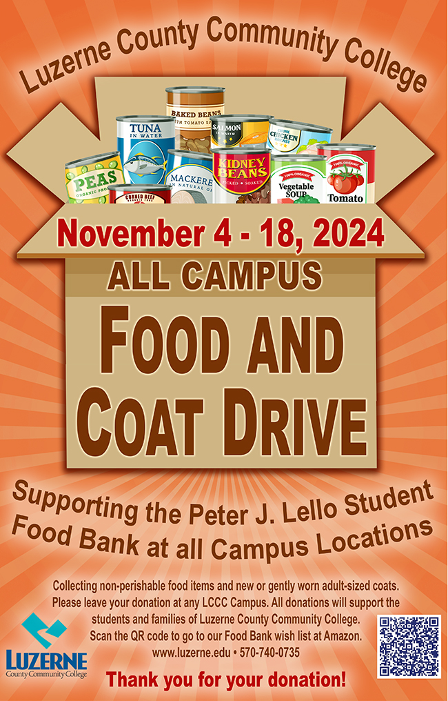 Luzerne County Community College All Campus Food and Coat Drive November 4 - 18, 2024